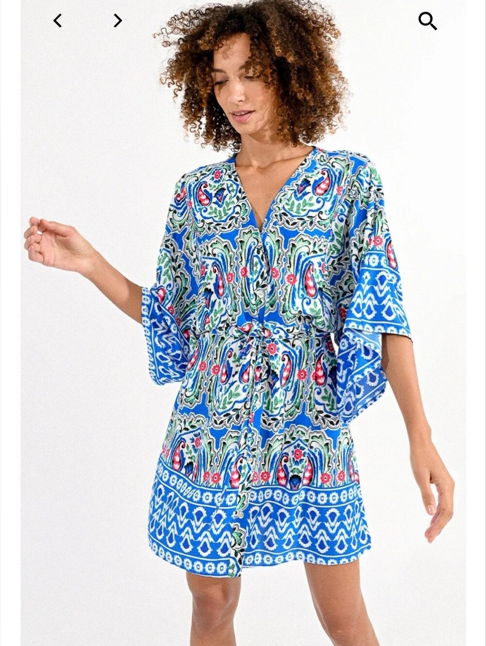 Molly Bracken Kimono Sleeve Athena Print Blue Multicolor Mini Dress